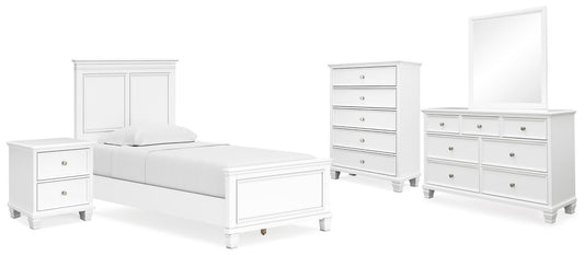 Cama doble Fortman con tocador con espejo, cómoda y mesita de noche
