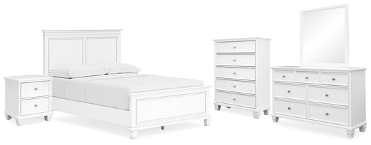 Cama Fortman de tamaño completo con tocador con espejo, cómoda y mesita de noche