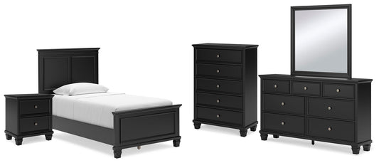 Cama doble Lanolee con tocador con espejo, cómoda y mesita de noche