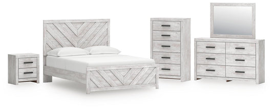 Cama Cayboni tamaño Queen con cabecero, tocador con espejo, cómoda y mesita de noche
