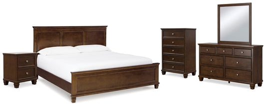 Cama Danabrin tamaño King con cabecero, tocador con espejo, cómoda y mesita de noche