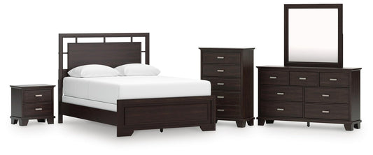 Cama Covetown tamaño Queen con cabecero, tocador con espejo, cómoda y mesita de noche