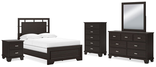 Cama Covetown de tamaño completo con tocador con espejo, cómoda y mesita de noche
