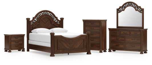Cama con dosel Lavinton tamaño queen con tocador con espejo, cómoda y mesita de noche