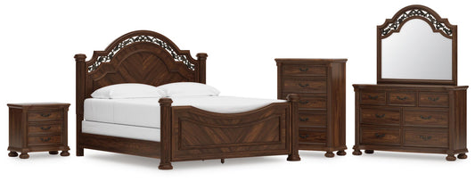 Cama con dosel Lavinton tamaño king con tocador con espejo, cómoda y mesita de noche