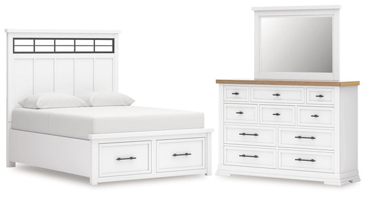 Cama de matrimonio Ashbryn con almacenamiento y tocador con espejo