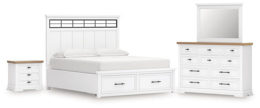 Cama Ashbryn tamaño California King con cabecero, tocador con espejo y mesita de noche, con almacenamiento y cómoda.