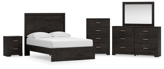 Cama Belachime de tamaño completo con tocador con espejo, cómoda y mesita de noche