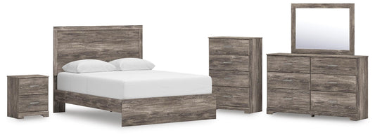 Cama Ralinksi Queen con cabecero, tocador con espejo, cómoda y mesita de noche