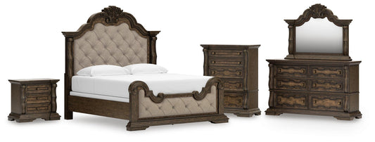 Cama tapizada Maylee tamaño King con tocador con espejo, cómoda y mesita de noche
