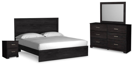 Cama Belachime tamaño King con cabecero, tocador con espejo y mesita de noche