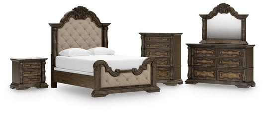 Cama tapizada Maylee tamaño Queen con tocador con espejo, cómoda y mesita de noche