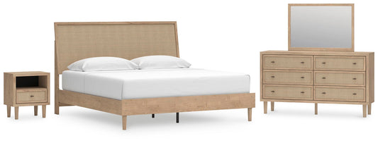 Cama Cielden tamaño king con cabecero, tocador con espejo y mesita de noche