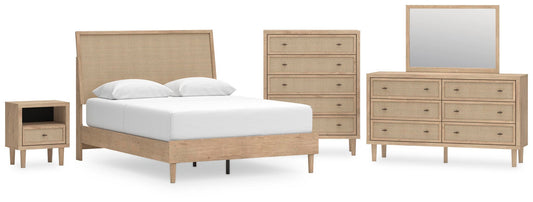 Cama Cielden tamaño Queen con cabecero, tocador con espejo, cómoda y mesita de noche