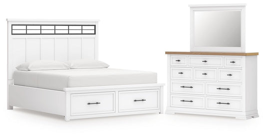 Cama Ashbryn California King con panel de almacenamiento y tocador con espejo