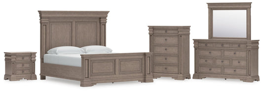 Cama Blairhurst tamaño King con cabecero, tocador con espejo, cómoda y mesita de noche