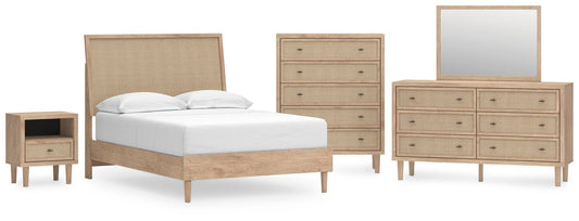 Cama Cielden de tamaño completo con tocador con espejo, cómoda y mesita de noche