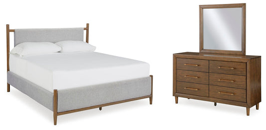 Cama tapizada Lyncott tamaño King con tocador con espejo