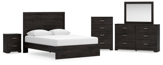 Cama Belachime tamaño Queen con cabecero, tocador con espejo, cómoda y mesita de noche