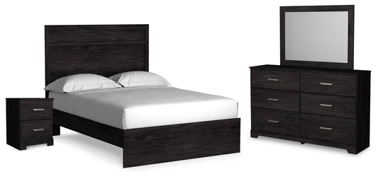 Cama Belachime de tamaño completo con cabecero, tocador con espejo y mesita de noche