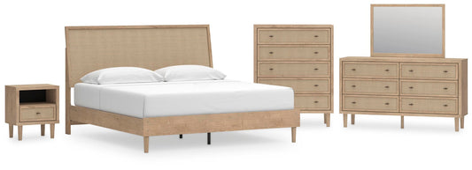 Cama Cielden tamaño king con cabecero, tocador con espejo, cómoda y mesita de noche
