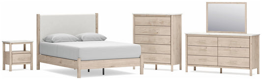 Cama tapizada Cadmori tamaño Queen con tocador, cómoda y mesita de noche con espejo