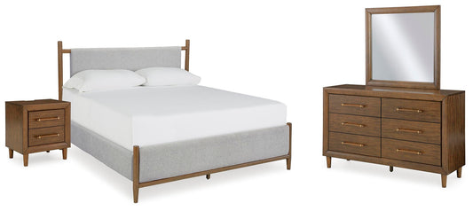 Cama tapizada Lyncott tamaño King con tocador con espejo y mesita de noche