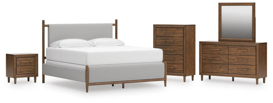 Cama tapizada Lyncott tamaño King con tocador con espejo, cómoda y mesita de noche