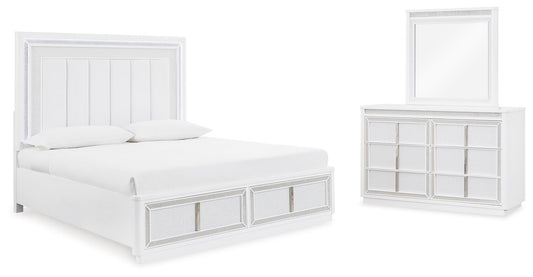 Cama Chalanna Queen tapizada con almacenaje y tocador con espejo