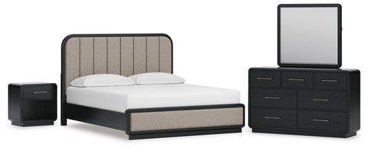 Cama tapizada Rowanbeck tamaño California King con tocador y mesita de noche con espejo