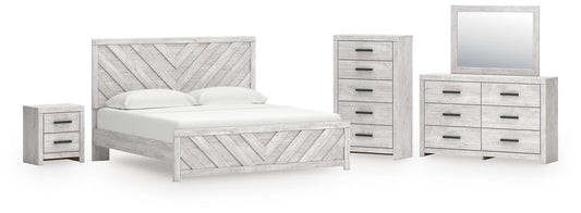 Cama Cayboni tamaño King con cabecero, tocador con espejo, cómoda y mesita de noche