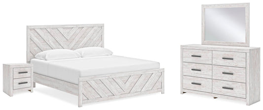 Cama Cayboni tamaño King con cabecero, tocador con espejo y mesita de noche