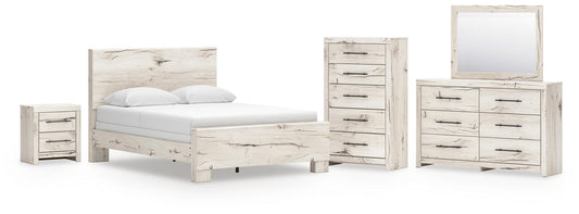 Cama Lawroy tamaño Queen con cabecero, tocador con espejo, cómoda y mesita de noche