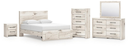 Cama Lawroy Queen con cabecero, tocador con espejo, cómoda y mesita de noche.