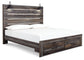 Cama Drystan tamaño King con cabecero y almacenaje, tocador con espejo, cómoda y mesita de noche.