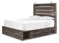 Cama Drystan tamaño Queen con cuatro cajones, tocador con espejo, cómoda y mesita de noche.