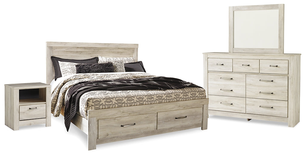 Cama Bellaby King con plataforma, 2 cajones de almacenamiento, tocador con espejo y mesita de noche.