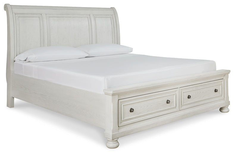 Cama Robbinsdale King estilo trineo con almacenaje, tocador con espejo, cómoda y mesita de noche
