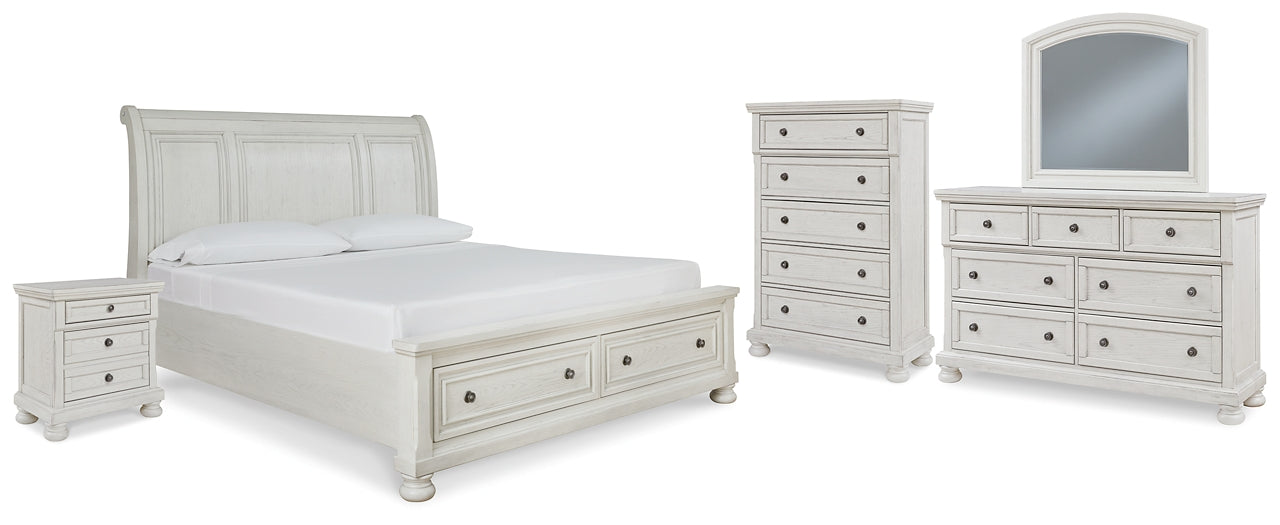 Cama Robbinsdale King estilo trineo con almacenaje, tocador con espejo, cómoda y mesita de noche
