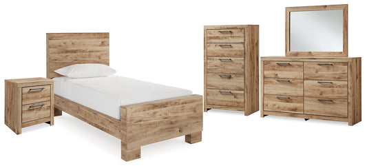 Cama doble Hyanna con tocador con espejo, cómoda y mesita de noche