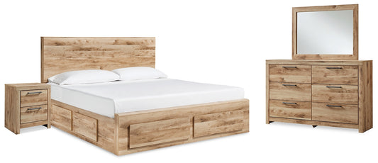 Cama Hyanna King con cabecero, tocador con espejo y mesita de noche, con almacenamiento y cómoda.
