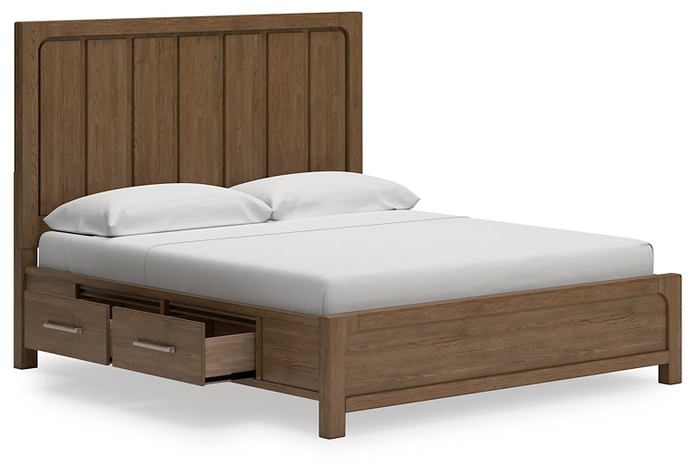 Cama Caballynn tamaño King con cabecero y almacenaje, tocador con espejo, cómoda y mesita de noche.