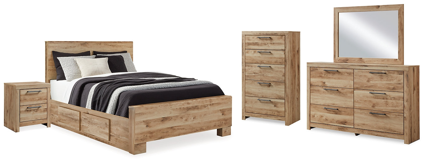 Cama Hyanna Queen con cabecero y almacenaje, tocador con espejo, cómoda y mesita de noche.