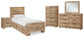 Cama individual Hyanna con almacenaje, tocador con espejo, cómoda y mesita de noche.
