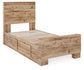 Cama individual Hyanna con almacenaje, tocador con espejo, cómoda y mesita de noche.