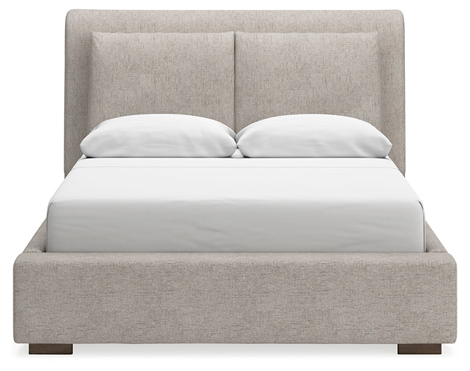 Cama tapizada Cabalynn tamaño Queen con tocador con espejo