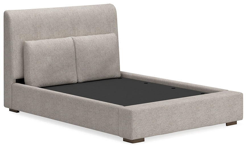 Cama tapizada Cabalynn tamaño Queen con tocador con espejo