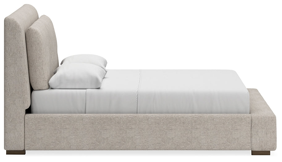 Cama tapizada Cabalynn tamaño Queen con tocador con espejo