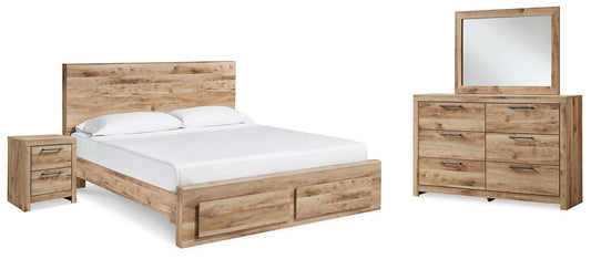 Cama Hyanna King con cabecero, tocador con espejo y mesita de noche, con almacenamiento y cómoda.
