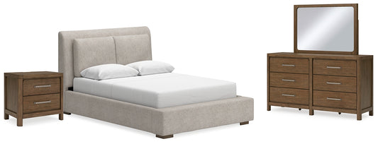 Cama tapizada Cabalynn tamaño Queen con tocador con espejo y mesita de noche